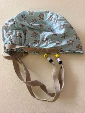 Light Blue Floral Scrub Cap with Beaded Ties